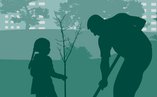 silhouette of a man and little girl planting a tree